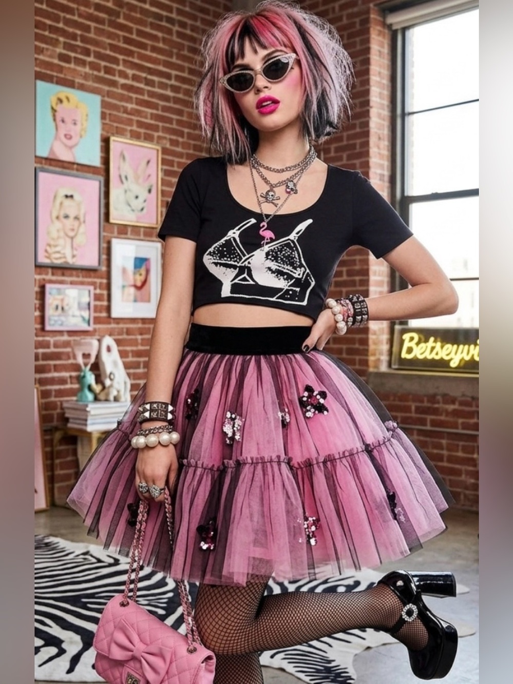 Betsey Johnson Black Crop Top with White Bra Graphic